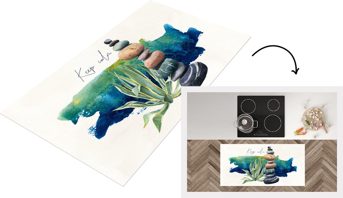 KitchenYeah Keukenloper - Loper keuken - Stenen - Planten - Zee - Waterverf - 120x60 cm - Keukenloper vinyl Multicolor