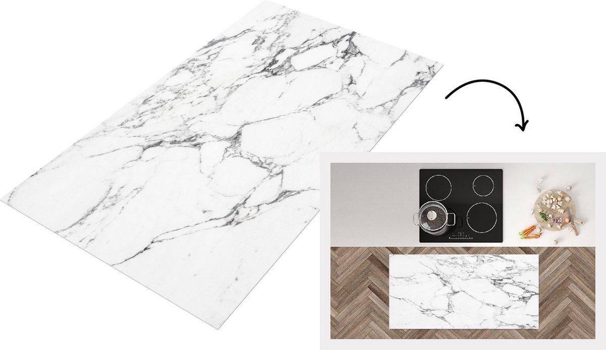 KitchenYeah Keukenloper - Loper keuken - Zwarte patronen door wit marmer - 120x60 cm - Keukenloper vinyl Multicolor
