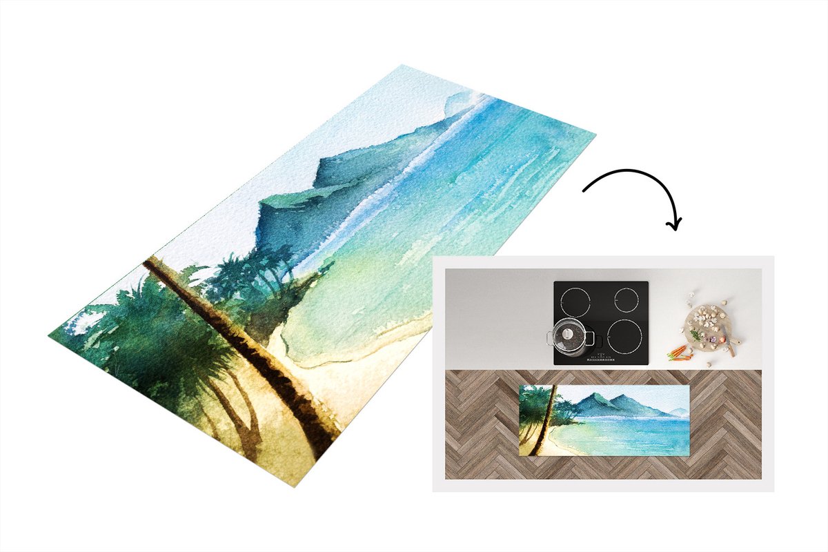 KitchenYeah Keukenloper - Loper keuken - Zee - Palmboom - Berg - 120x50 cm - Keukenloper vinyl Multicolor