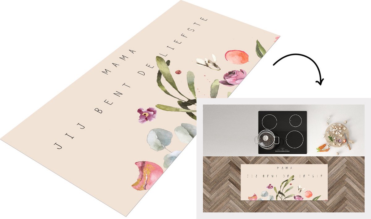 KitchenYeah Keukenloper - Loper keuken - Spreuken - Quotes Mama Jij bent de liefste - Moeder - Moederdag - Bloemen - 120x50 cm - Keukenloper vinyl Multicolor