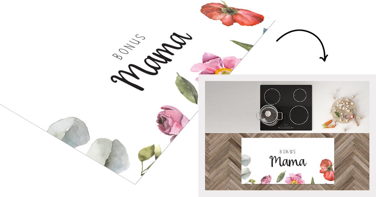 KitchenYeah Keukenloper - Loper keuken - Spreuken - Quotes Bonus Mama - Moederdag - Moeder - Bloemen - Cadeau - 120x60 cm - Keukenloper vinyl Multicolor