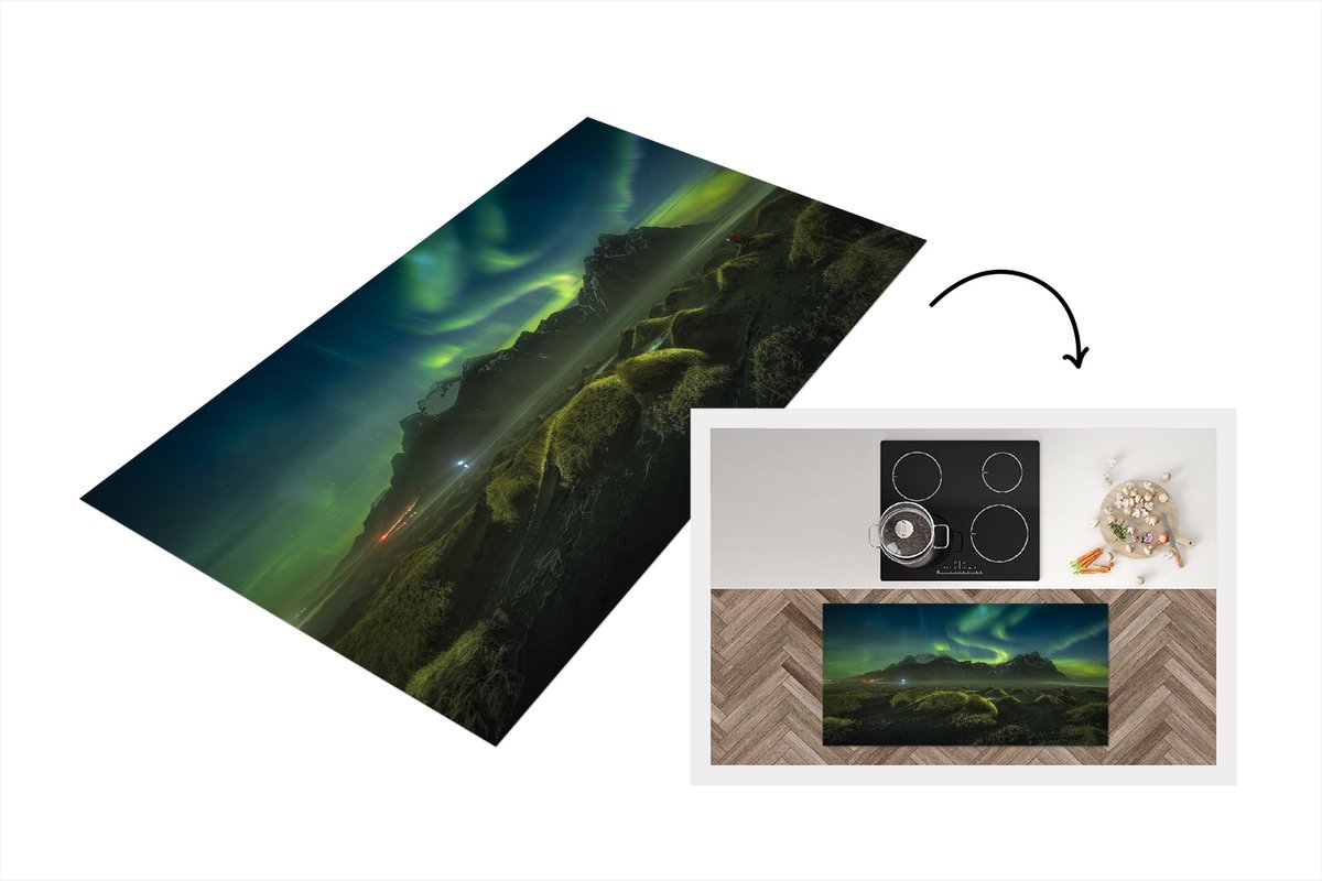 KitchenYeah Keukenloper - Loper keuken - Noorderlicht - Auto - IJsland - 120x60 cm - Keukenloper vinyl Multicolor