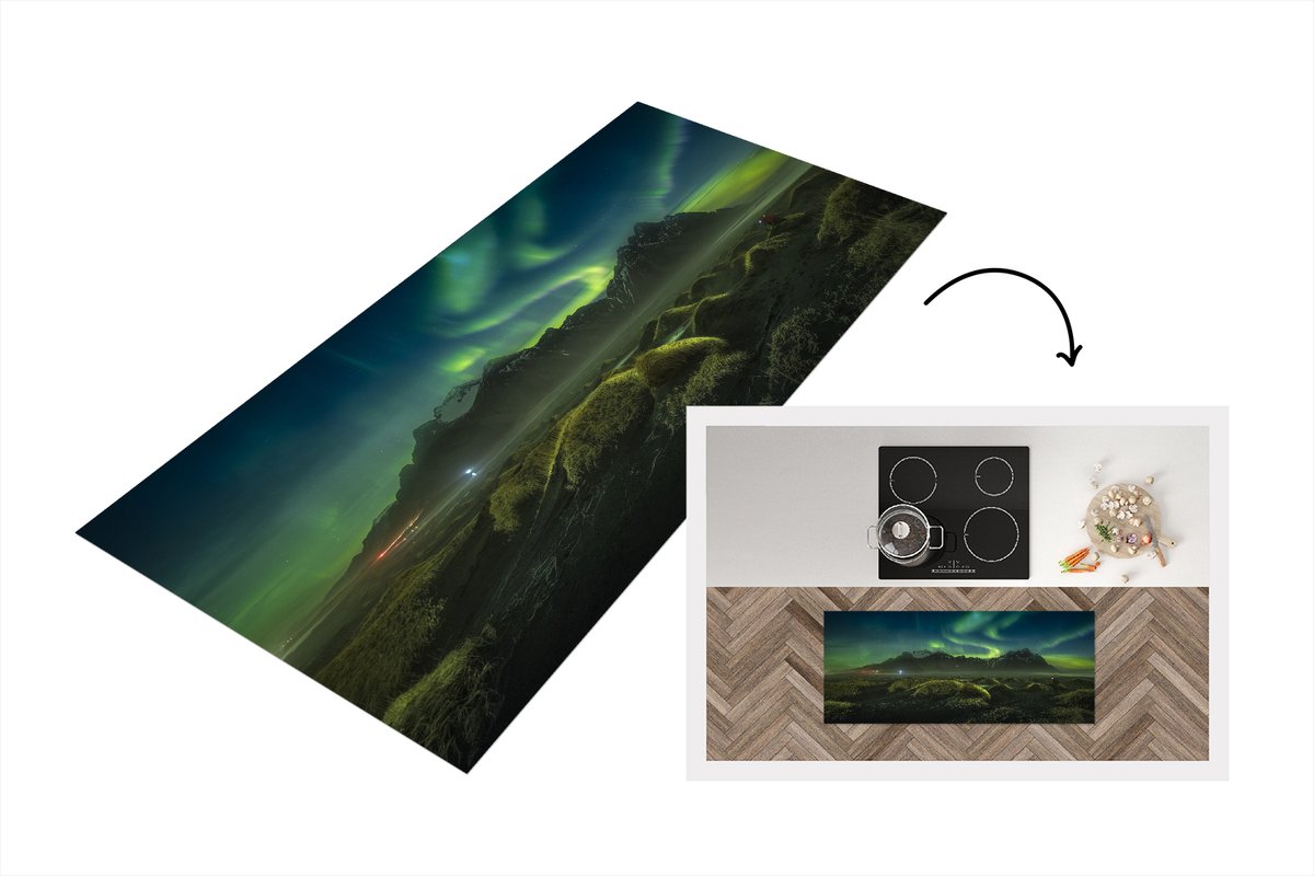 KitchenYeah Keukenloper - Loper keuken - Noorderlicht - Auto - IJsland - 120x50 cm - Keukenloper vinyl Multicolor
