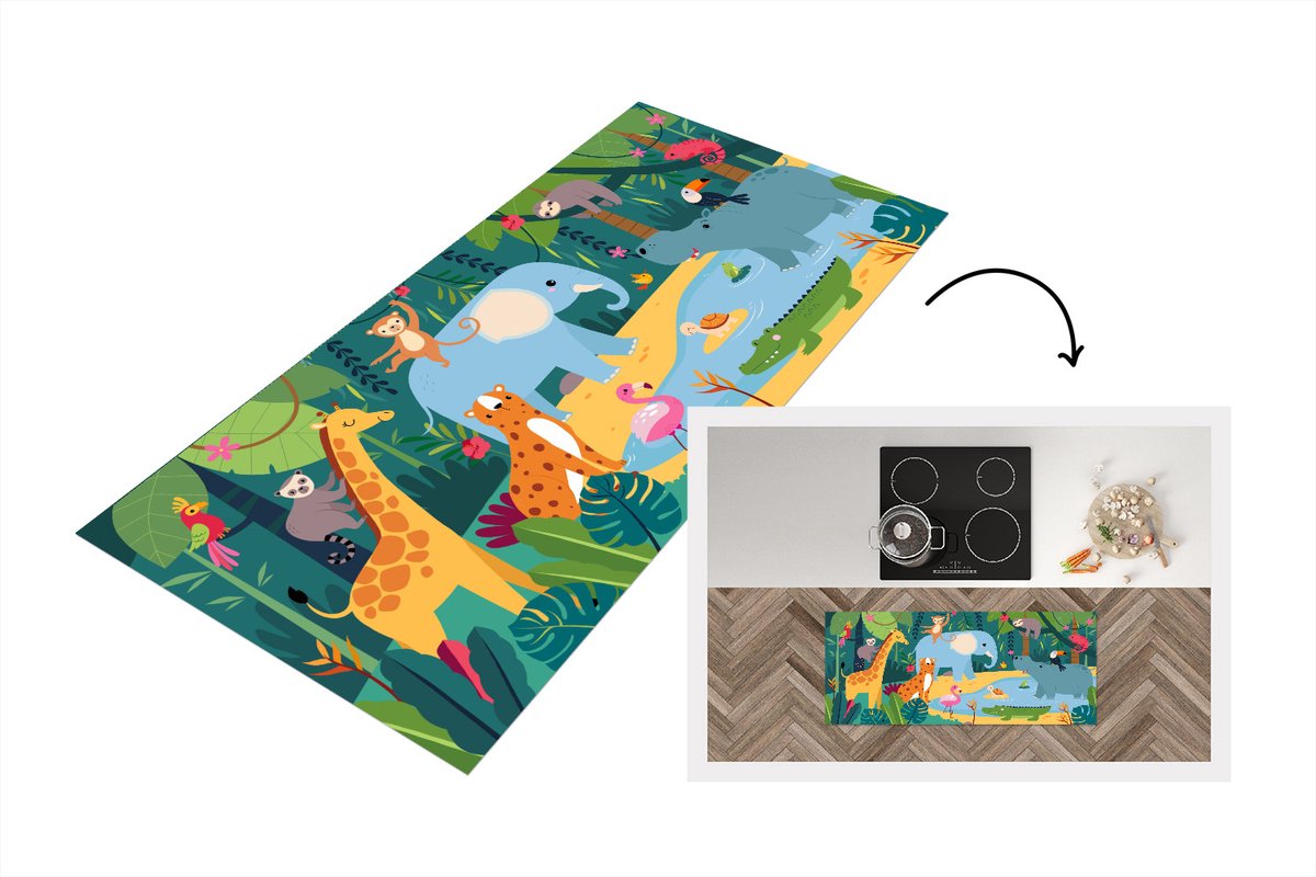 KitchenYeah Keukenloper - Loper keuken - Jungle - Kinderen - Dieren - 120x50 cm - Keukenloper vinyl Multicolor