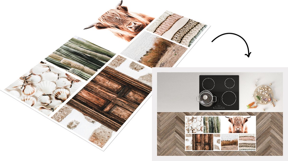 KitchenYeah Keukenloper - Loper keuken - Schotse hooglander - Collage - Beige - 120x60 cm - Keukenloper vinyl Multicolor