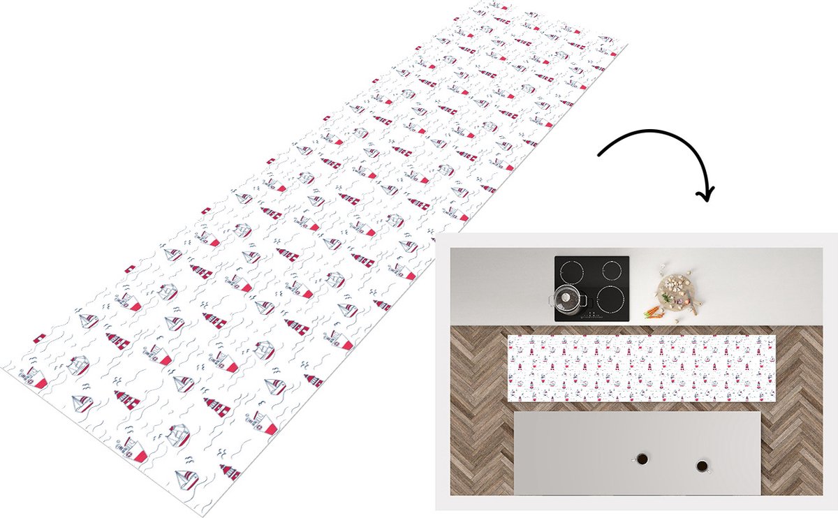 KitchenYeah Keukenloper - Loper keuken - Schepen - Vuurtoren - Patronen - 200x50 cm - Keukenloper vinyl Multicolor