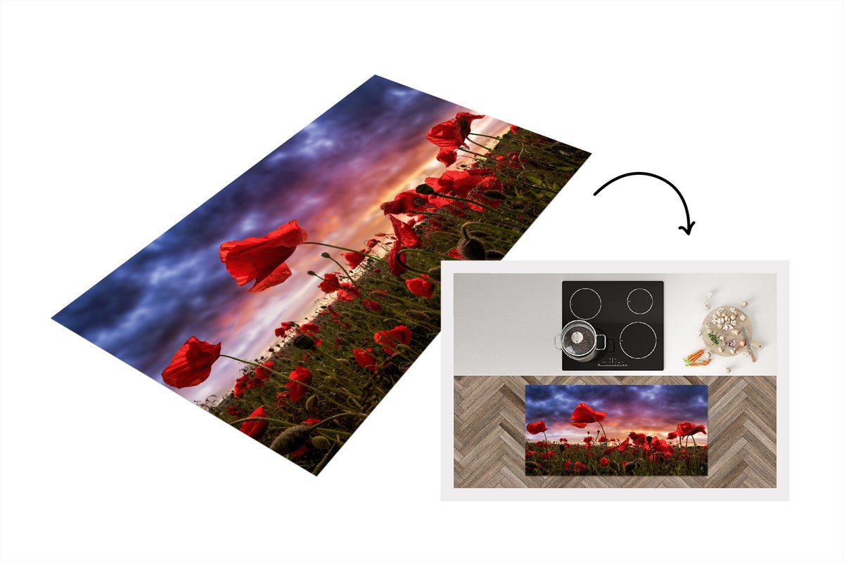 KitchenYeah Keukenloper - Loper keuken - Klaproos - Bloemenveld - Rood - 120x60 cm - Keukenloper vinyl Multicolor