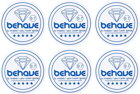 Six étiquettes rondes identiques avec un bord bleu, une icône de diamant, le logo 'behave' et le texte 'it makes you look good'.