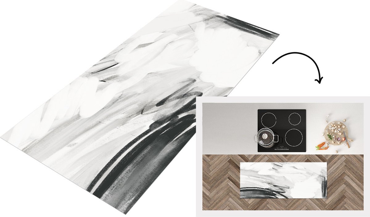 KitchenYeah Keukenloper - Loper keuken - Zwart - Wit - Abstract - Keukenloper vinyl Multicolor