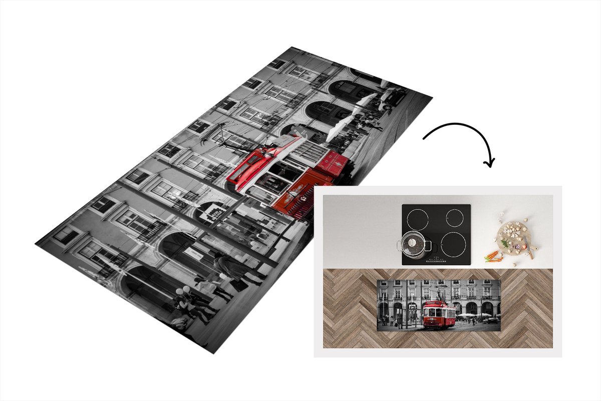 KitchenYeah Keukenloper - Loper keuken - Zwart-wit foto met een rode tram - 120x50 cm - Keukenloper vinyl Zwart; Wit