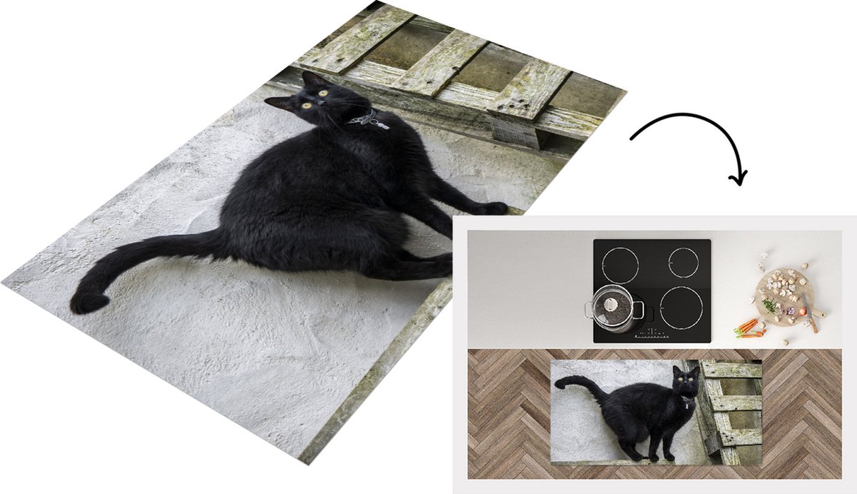 KitchenYeah Keukenloper - Loper keuken - Kat - Zwart - Pallet - 120x60 cm - Keukenloper vinyl Multicolor