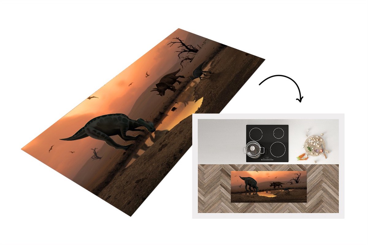 KitchenYeah Keukenloper - Loper keuken - Dinosaurus - Wilde dieren - Tekening - 120x50 cm - Keukenloper vinyl Multicolor