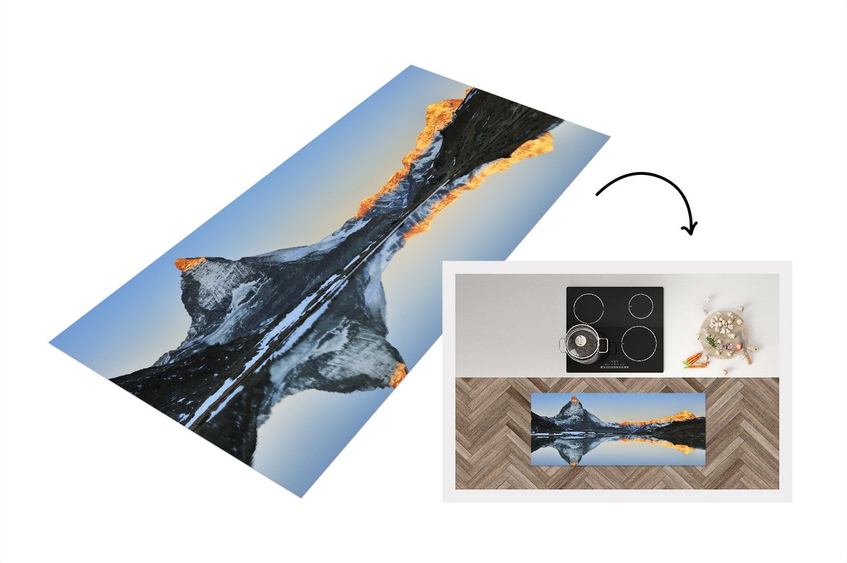 KitchenYeah Keukenloper - Loper keuken - Matterhorn weerspiegeld bij de Riffelsee bij zonsopgang in Zwitserland - 120x50 cm - Keukenloper vinyl Multicolor