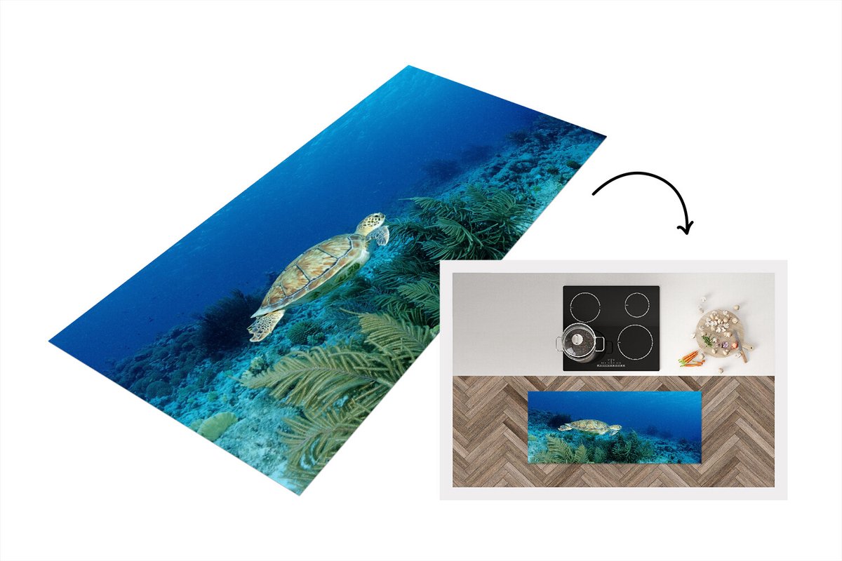 KitchenYeah Keukenloper - Loper keuken - Groene zeeschildpad op Bonaire - Keukenloper vinyl Multicolor