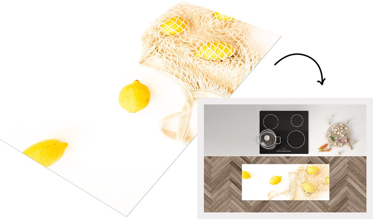 KitchenYeah Keukenloper - Loper keuken - Citroen - Tas - Wit - 120x50 cm - Keukenloper vinyl Multicolor