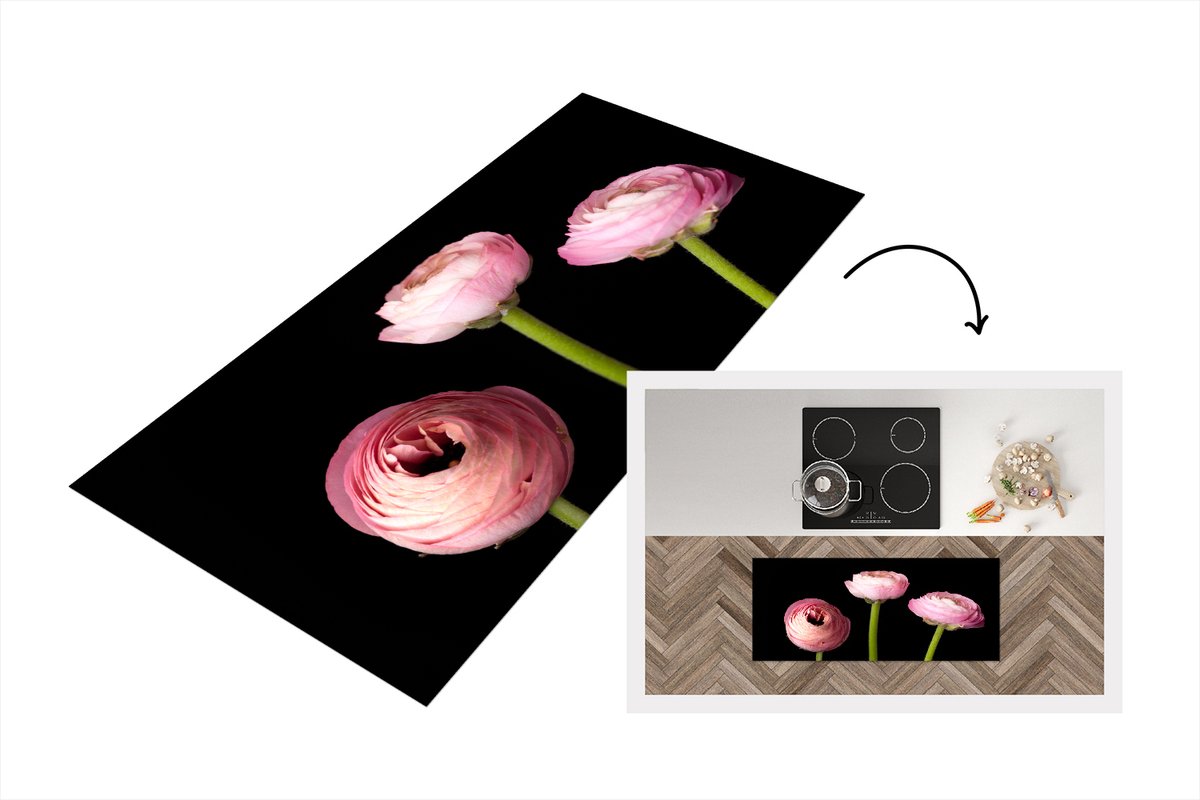 KitchenYeah Keukenloper - Loper keuken - Drie boterbloemen op een zwarte achtergrond - 120x50 cm - Keukenloper vinyl Multicolor
