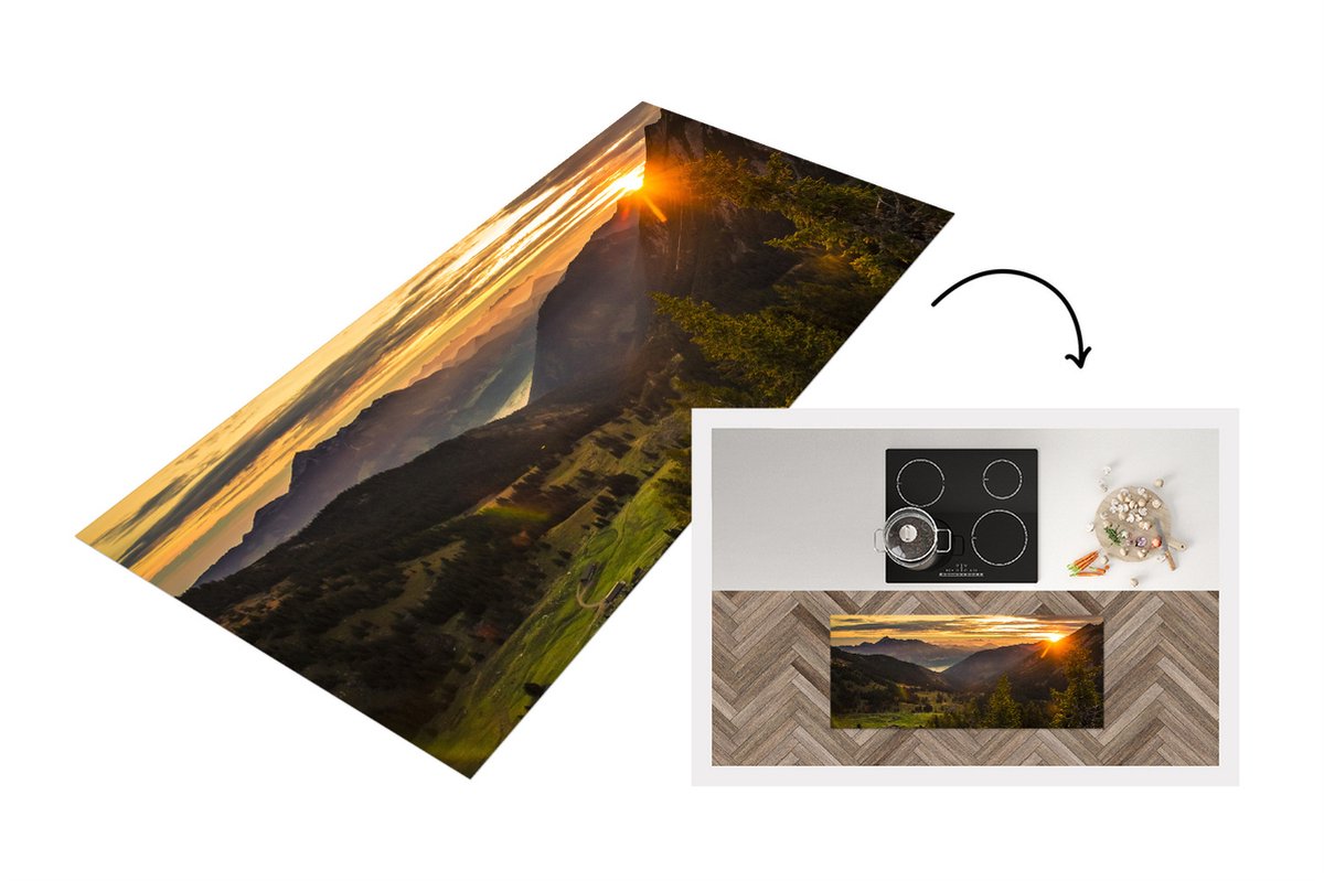 KitchenYeah Keukenloper - Loper keuken - Alpen - Berg - Zon - 120x50 cm - Keukenloper vinyl Multicolor