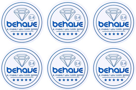 Six autocollants ronds avec le logo bleu "behave", un diamant et l'inscription "it makes you look good".