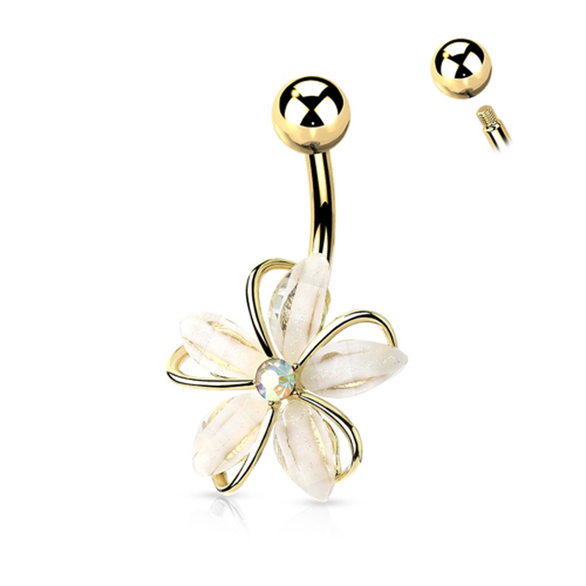 Navelpiercing CZ steen wire witte bloem - goud - LMPiercings