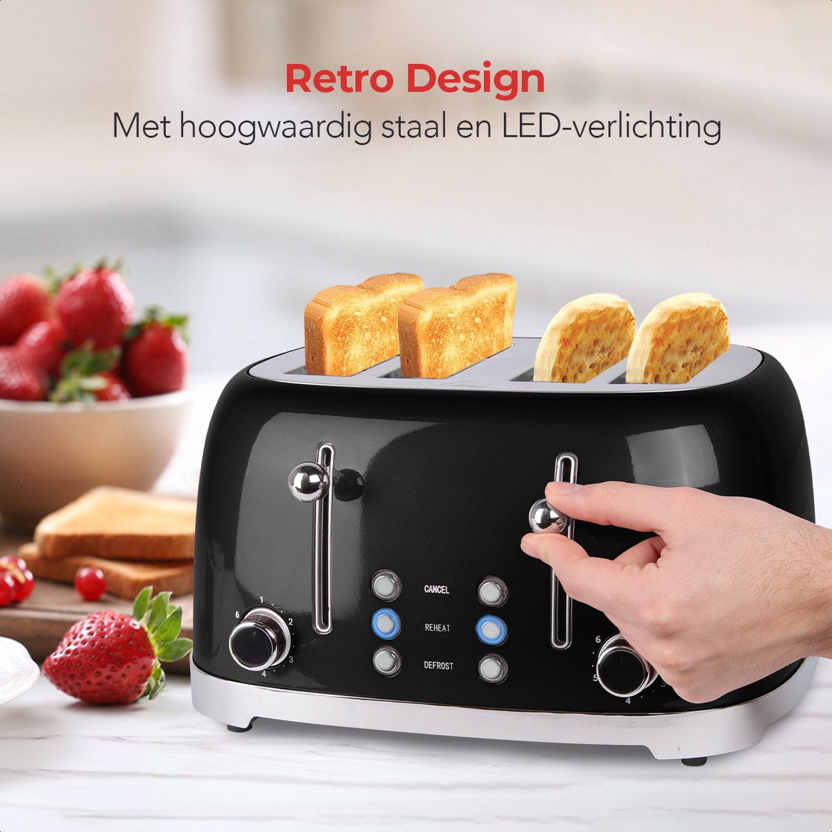KitchenBrothers Retro Broodrooster - Toaster - 6 Warmteniveaus - 4 Sneden - 4 Extra Brede Sleuven - BPA-vrij - 1630W - Zwart thumbnail 7
