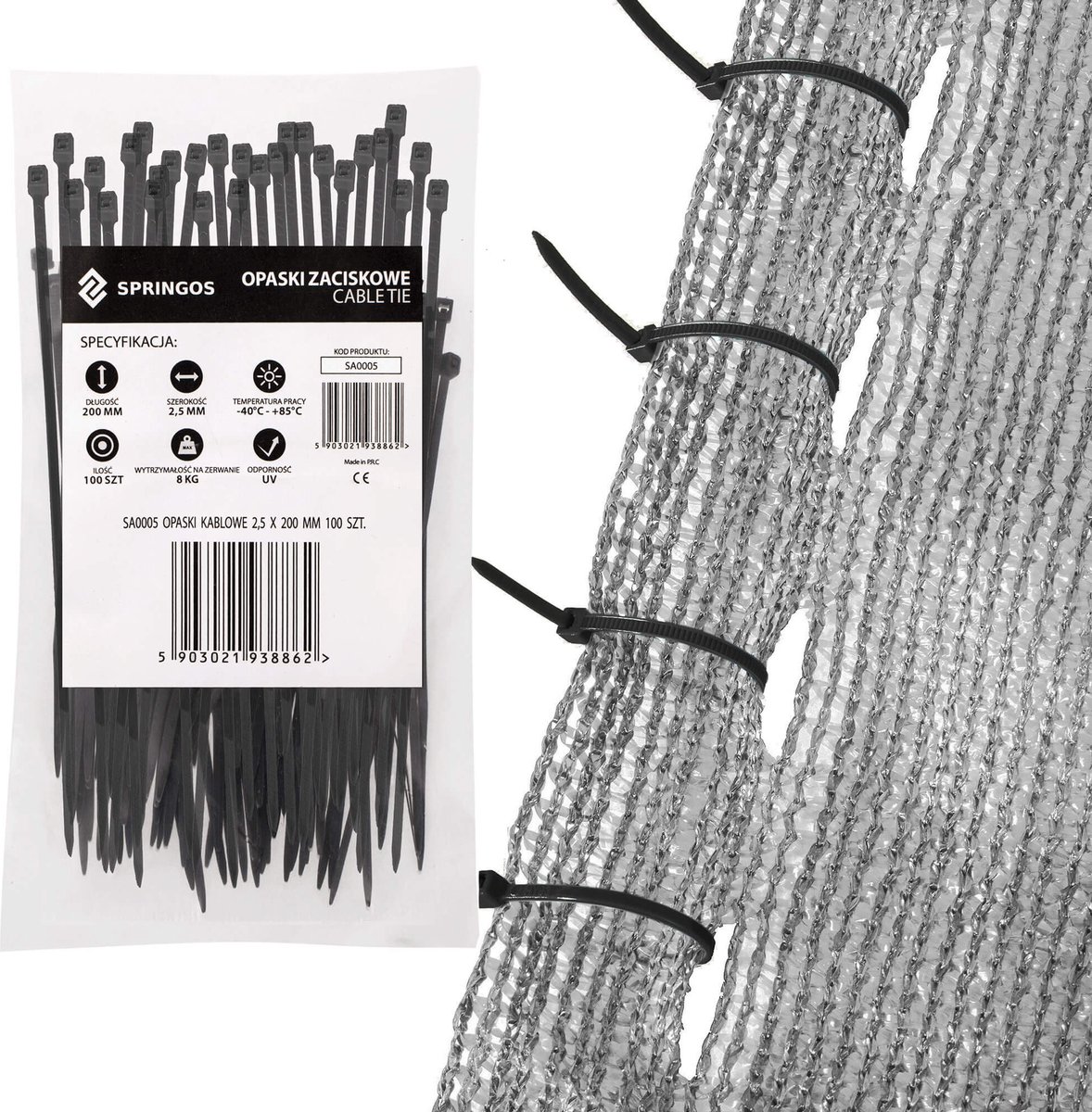 Springos Kabelbinders | Tie Wraps | Tyraps | Tie Rips | 200 x 2.5 mm | 100 stuks | Zwart