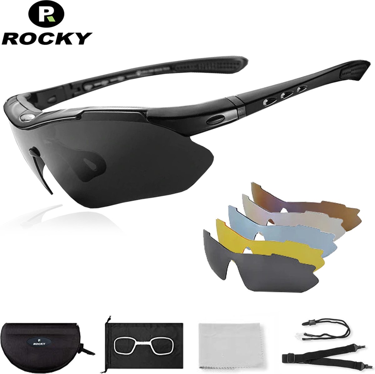 Rocky - Fietsbrillen Heren - Sportbrillen - Professionele Fietsbril + Inclusief 5 Verwisselbare Lenzen + 2 jaar garantie - Rocky
