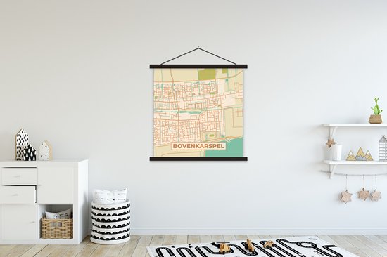 Porte-affiche avec affiche - Affiche scolaire - Bovenkarspel - Carte - Plan de la ville - Plan d'étage - Vintage - 90x90 cm - Lattes noires - Plan d'étage
