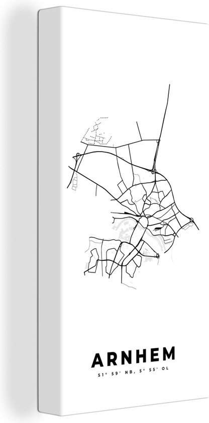 Canvas Schilderij Plattegrond – Arnhem – Zwart Wit – Stadskaart - Nederland - Kaart - 20x40 cm - Wanddecoratie