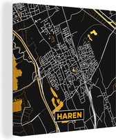 Canvas Schilderij Haren - Black and Gold - Stadskaart - Kaart - Plattegrond - 50x50 cm - Wanddecoratie