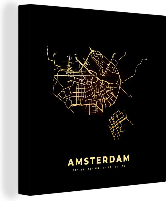 Canvas Schilderij Amsterdam - Plattegrond - Kaart - Stadskaart - Nederland - 50x50 cm - Wanddecoratie