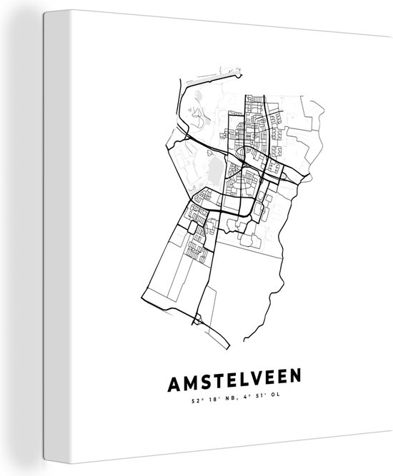 Canvas Schilderij Stadskaart – Zwart Wit - Kaart – Amstelveen – Nederland – Plattegrond - 20x20 cm - Wanddecoratie