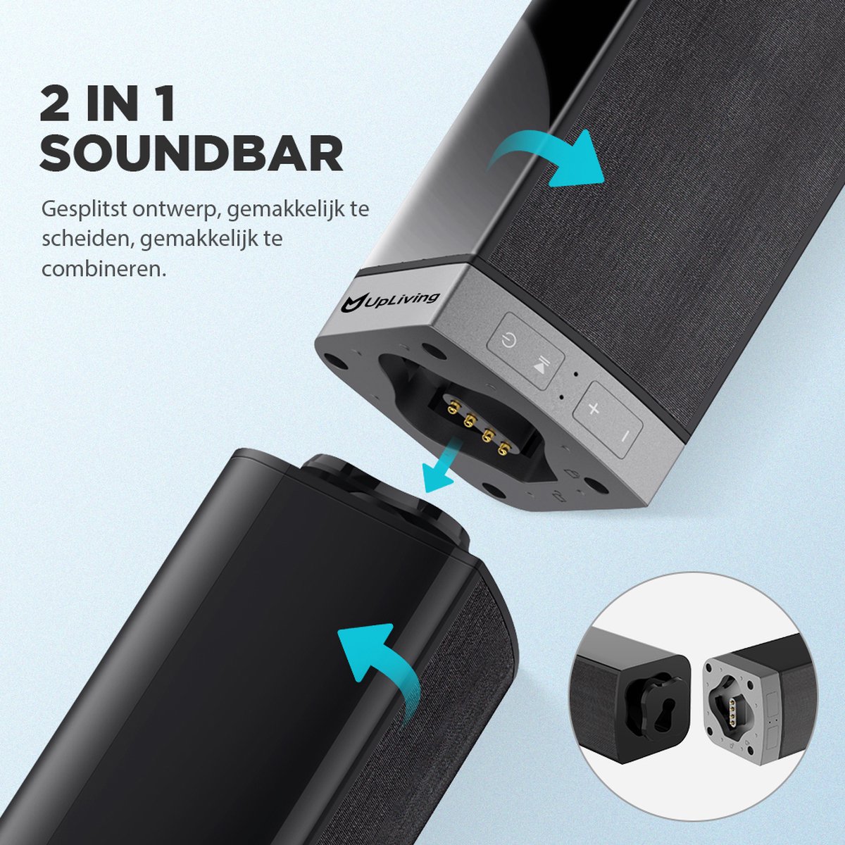 UpLiving 80W Soundbar met Bluetooth 5.3 – 2-in-1 Split Design – 360° Surround Sound – HDMI/Optisch/AUX/USB – Home Cinema Soundbar voor TV, Gaming & Muziek thumbnail 6