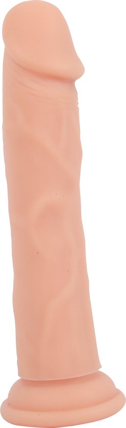 Beige dildo met textuur en platte basis, staand.