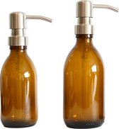 Groeikruid® Zeeppompjes Set 200 ml + 300 ml | Glazen Zeepdispensers | Vrijstaand en Hervulbaar | Amber Glas met RVS Pompkop | Zilver
