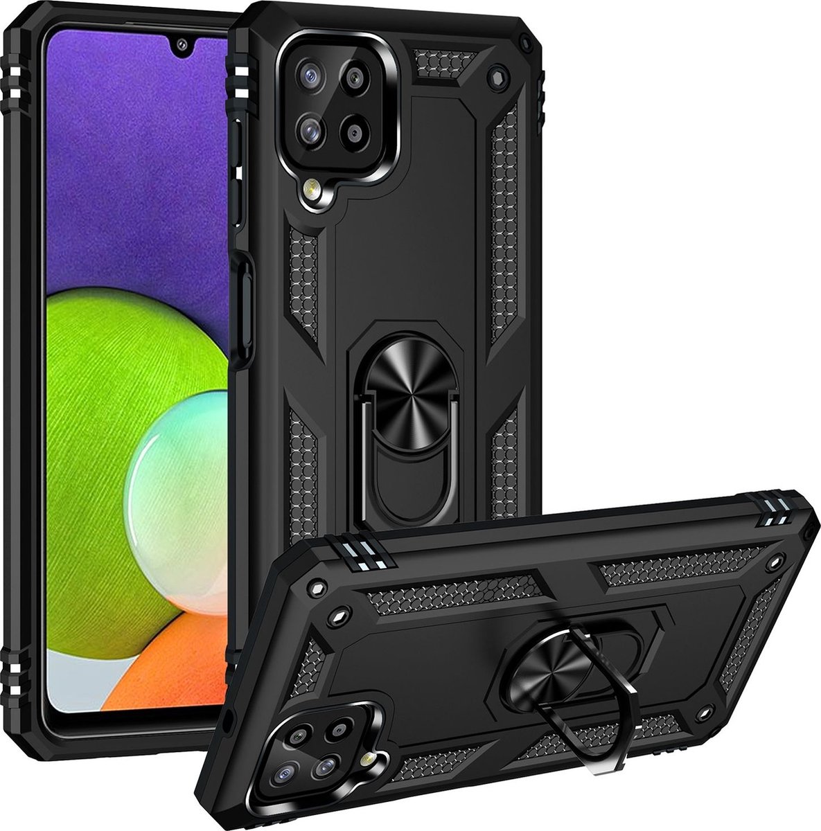 Mobigear Hoesje geschikt voor Samsung Galaxy A22 4G Telefoonhoesje Hardcase | Mobigear Armor Ring Backcover Shockproof met Ringhouder | Schokbestendig Galaxy A22 4G Telefoonhoesje | Anti Shock Proof - Zwart