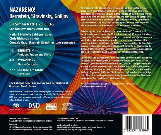 Albumhoes met tekst "NAZARENO! Bernstein, Stravinsky, Golijov". Met vermelding van Sir Simon Rattle en London Symphony Orchestra.
