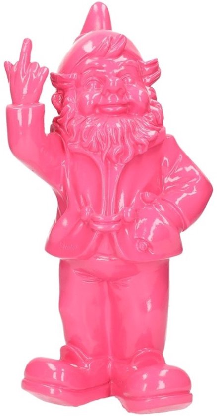 Nain de jardin rose Stoobz Design, le majeur levé. Sur fond blanc.