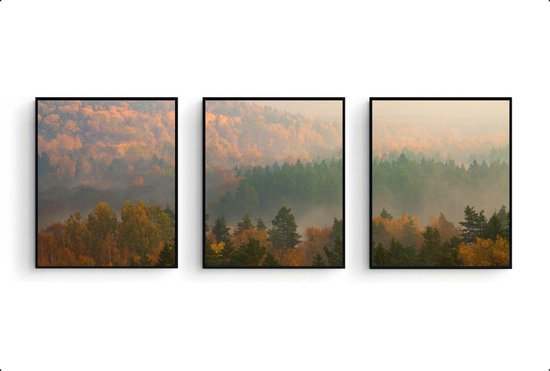 Poster Set 3 Bomen Landschap Heuvels Herfst - Landschap Natuur Poster - Muurdecoratie - 80x60cm - Postercity