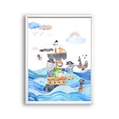 Poster Piraten beertje met vriendjes op de boot links - piraten thema / Dieren / 30x21cm
