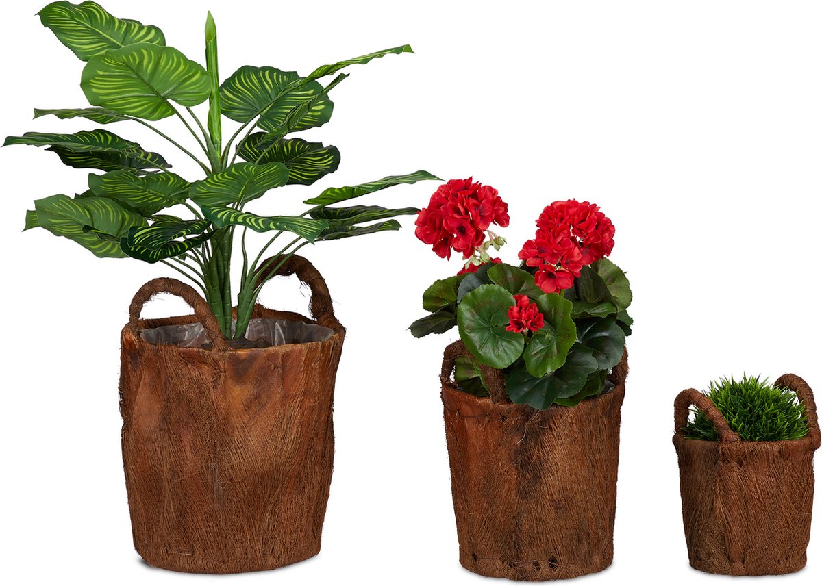 Lot De 3 Suspensions Pour Plantes D'Intérieur Et Extérieur - Panier Coco Naturel, Chaînettes Et Crochets Inclus, Charge 10 Kg, Noir/Marron