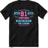 91 Jaar Legend - Feest kado T-Shirt Heren / Dames - Licht Blauw / Licht Roze - Perfect Verjaardag Cadeau Shirt - grappige Spreuken, Zinnen en Teksten. Maat M