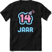 14 Jaar Feest kado T-Shirt Heren / Dames - Perfect Verjaardag Cadeau Shirt - Licht Blauw / Licht Roze - Maat M