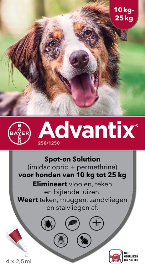 Advantix spot-on oplossing voor honden van 10-25 kg. Bevat imidacloprid en permethrine. De verpakking bevat 4 pipetten van 2,5 ml.