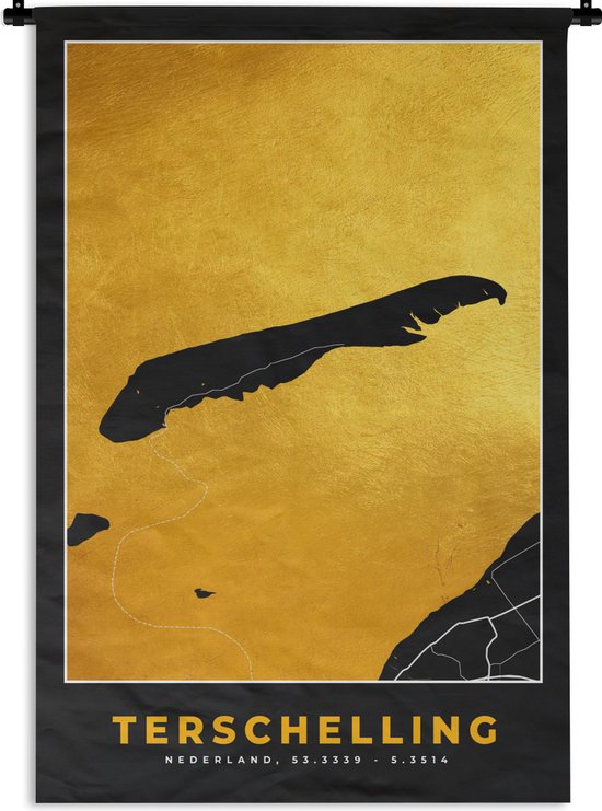 Wandkleed - Wanddoek - Kaart - Plattegrond - Stadskaart - Eiland - Gold - Terschelling - 60x90 cm - Wandtapijt