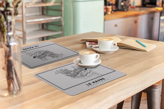 Set de table - Carte - Le Havre - Zwart Wit - Plan d'étage - Plan de la ville - 45x30 cm - 6 pièces - Résistant à la chaleur - Antidérapant - Coussinet - Amovible