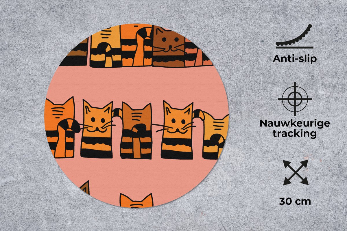 Muismat rond 30x30 cm - Mousepad Katten - Patronen - Dieren - Kinderen - Ronde muismatten