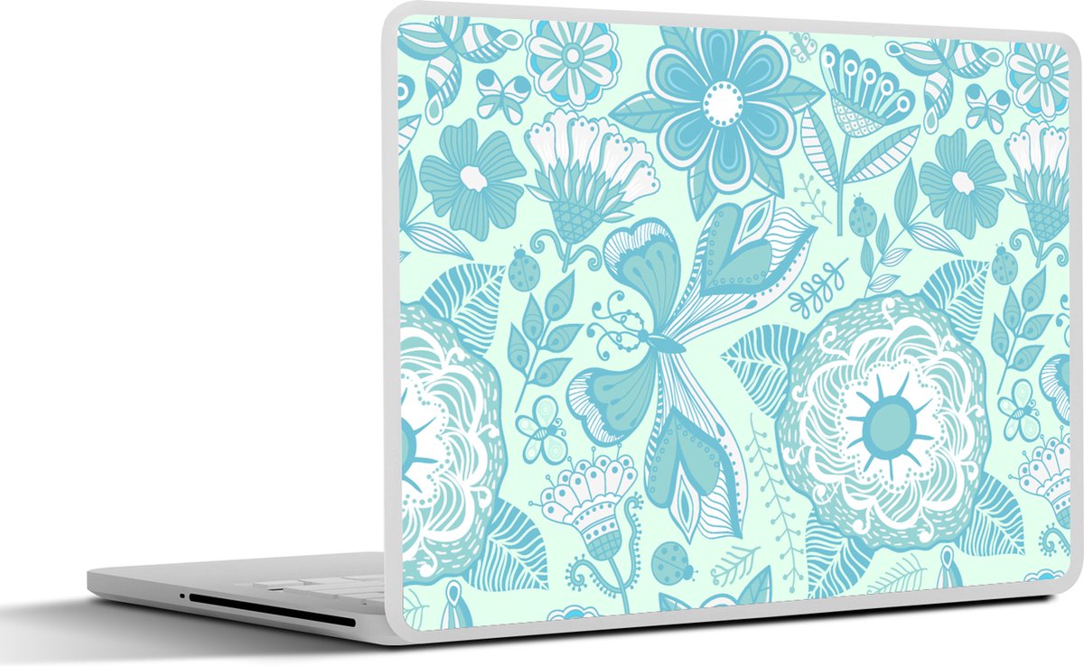 Laptop sticker - 15.6 inch - Bloemen - Blauw - Wit - Patroon - 36x27,5cm - Laptopstickers - Laptop skin - Cover