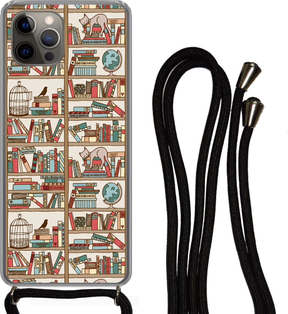 Telefoonhoesje Geschikt voor iPhone 12 pro crossbody - Kat - Boek - Kast - Jongens - Meisjes - Kinderen - Kind - Siliconen - Crossbody - Backcover met Koord - Telefoonhoesje met koord - Hoesje met touw Telefoonhoesje