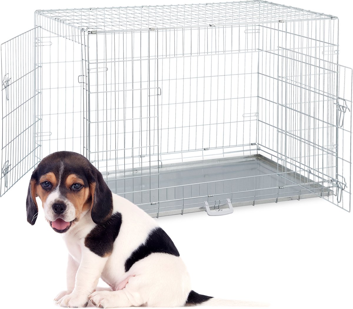 Relaxdays hondenbench - draadkooi hond - transportbox - hondenkooi - 2 deuren - zilver - XXL