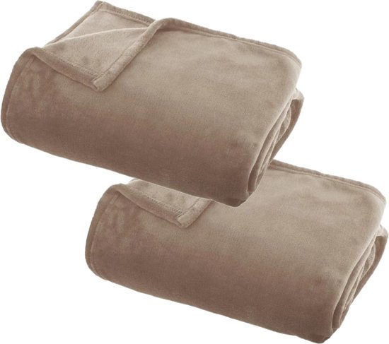2x Pièces Couverture polaire/Plaid polaire beige foncé 125 x 150 cm polyester - Couverture de canapé - Couverture polaire - Plaid polaire